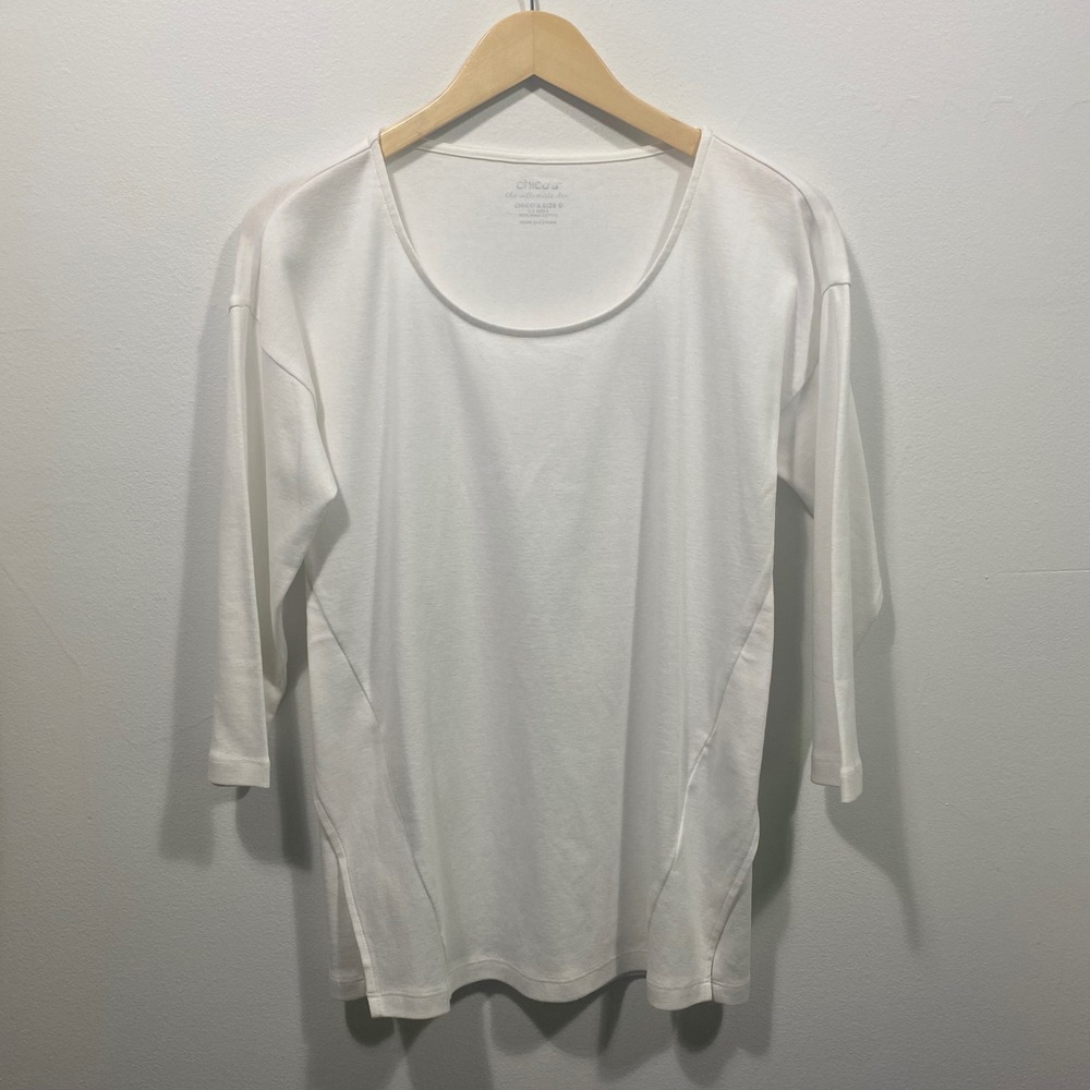 NWT Chico's Pima Cotton Split Hem 3/4 Sleeve Tunic Top Basic Knit Alabaster Sz S